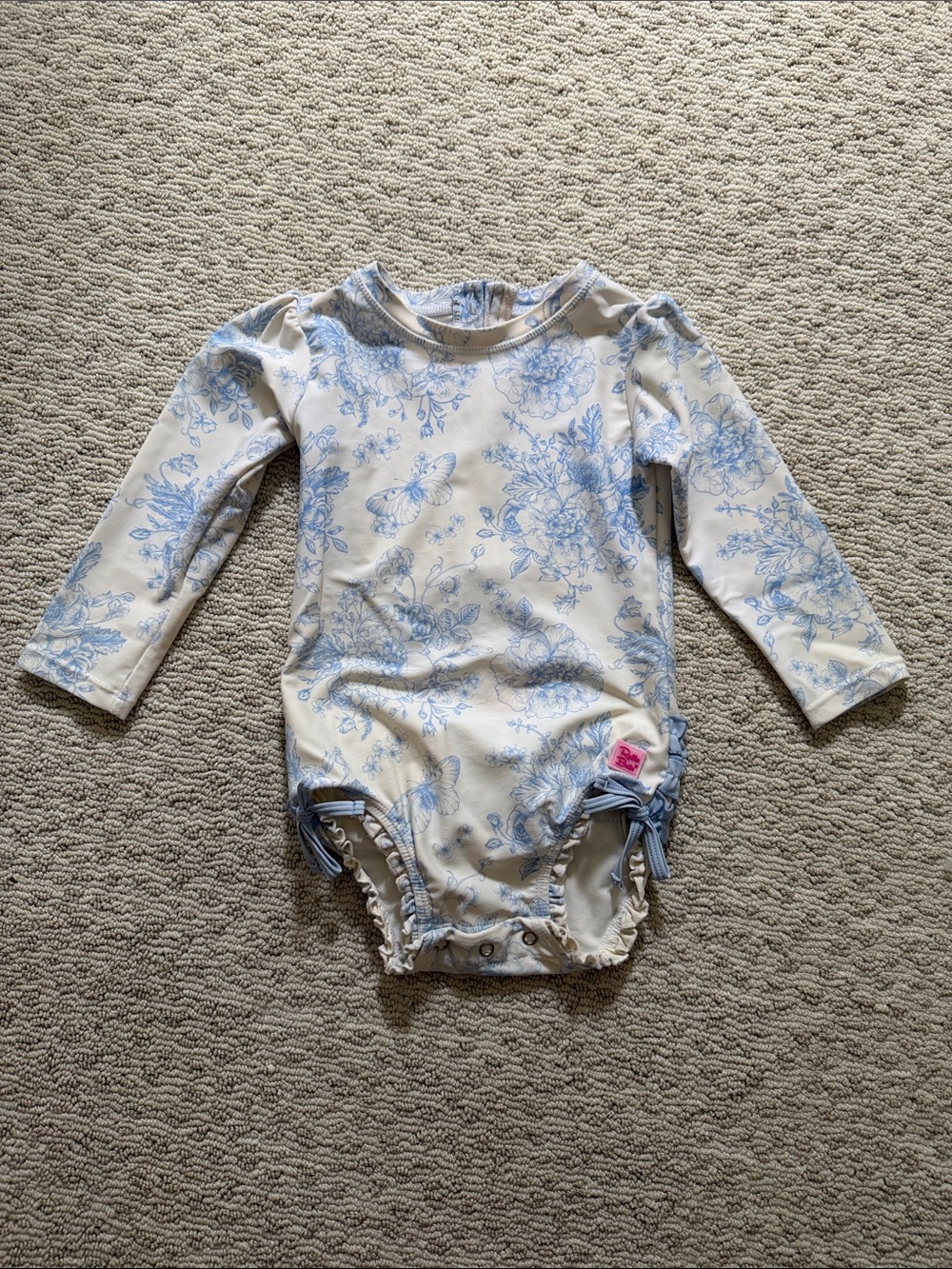 RuffleButts Blue Floral Long-Sleeve Rashguard Swimsuit